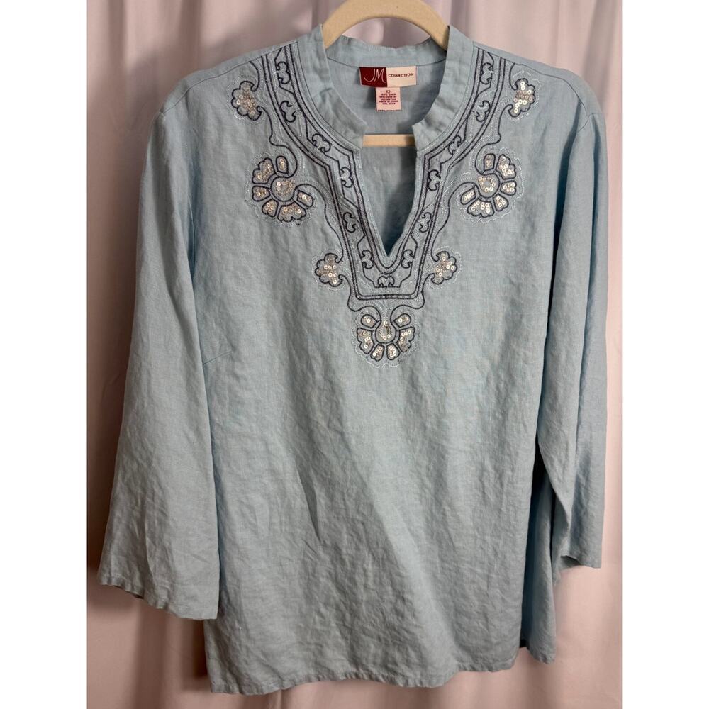JM‎ Collection Size 12 Blue 3/4 Sleeve Sequined Embroidered Top 100% Linen